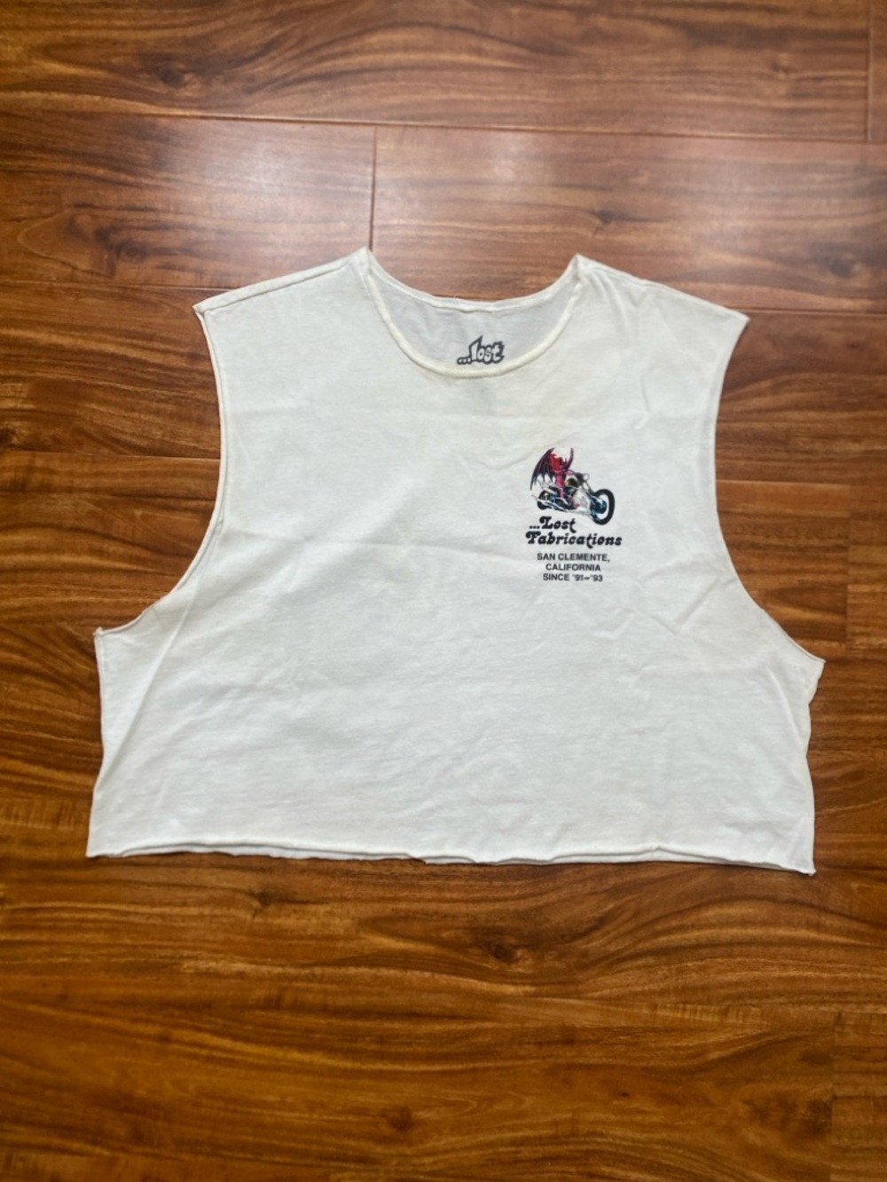 Retro Womens Lost Off White Devil Motorcycle Graphic Hand Cut Crop Tank Size M/L